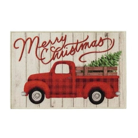 Christmas Rug and Ornaments Red Pickup Truck Holiday Seasonal Mat JJ1262/1166 - Picture 2 of 7
